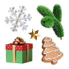 3d render, collection of Christmas decor elements: glass ball, gift box, candy cane, caramel sweet,...