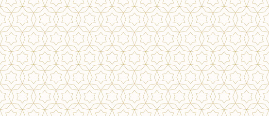 Vector abstract geometric seamless pattern. Golden lines texture with grid, stars, diamonds, floral lattice. Oriental style luxury background. Subtle gold and white ornament, modern repeat design 