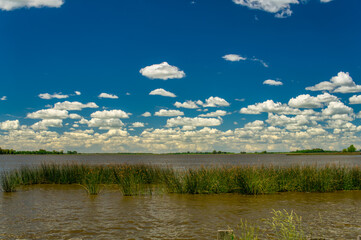  Landscape of Lobos lake on a warm spring morning, under a blue sky with a few white clouds       