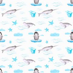 Nursery watercolor polar animals seamless pattern on a white background. Hand-drawn narwhal, seal, baby penguin, stars, and clouds endless print. Wallpaper.