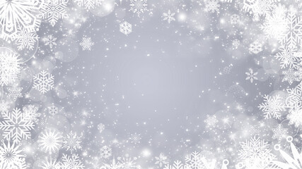 Winter silver and white frame background with snowflakes and sparkles
