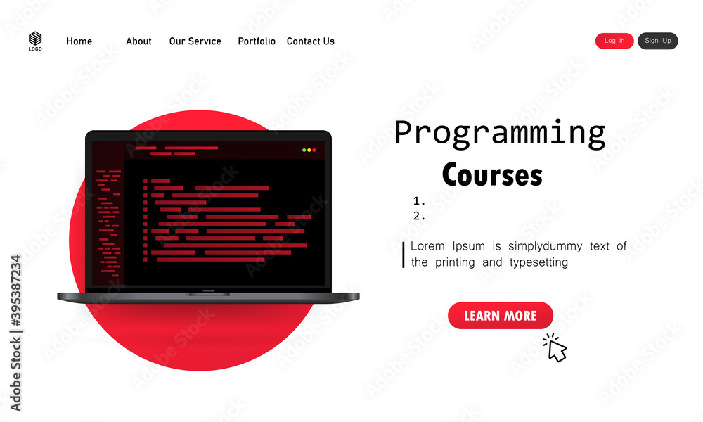 Poster programming courses illustration. learning programming on laptop. vector on isolated white backgroun