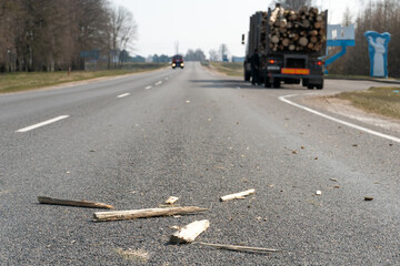 Transportation of wood on a truck with a trailer. The driver fixes the logs on the trailer...