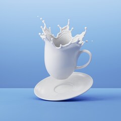 3d render, splashing milk in the shape of a coffee cup with porcelain saucer. Drink concept. White splashing liquid isolated on blue background
