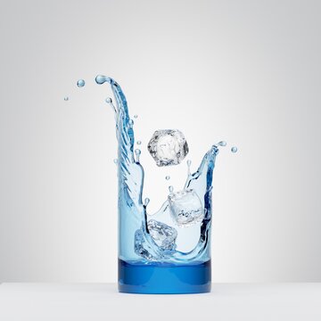 3d render, water splash in the shape of invisible glass with ice cubes, blue clear liquid splashing clip art isolated on white background