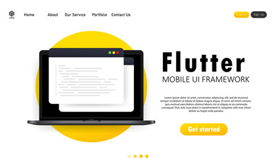 Learn to code Flutter Mobile UI Framework on laptop screen, programming language code illustration. Vector on isolated white background. EPS 10