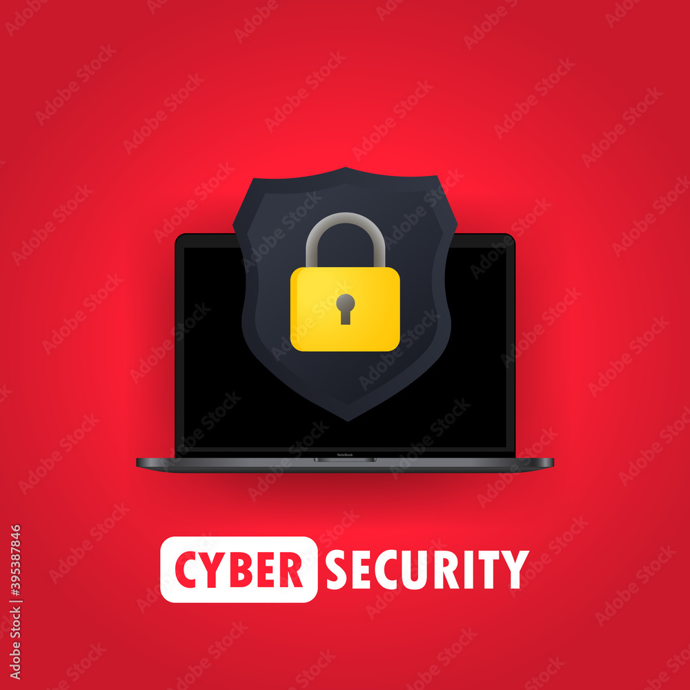 Poster computer security illustration. protect your laptop concepts. notebook and shield icon with padlock.