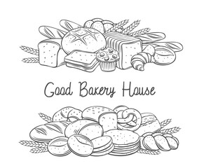 Breads baked products banner with lettering, vector hand drawn outline monochrome illustration for bakery advertisement