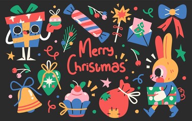 Naklejka premium Set of Cute Merry Christmas and Happy New Year Illustrations or stickers. Festive christmas characters and objects. Vector
