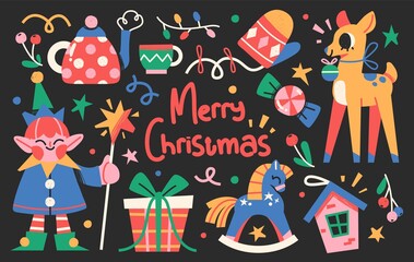 Set of Cute Merry Christmas and Happy New Year Illustrations or stickers. Festive christmas characters and objects. Vector