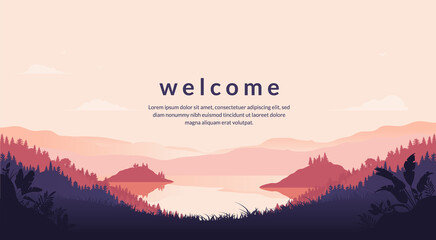 Welcome screen with nature landscape background. Grass, water, mountains and copy space for text. Vector illustration.