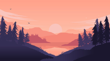 Forest and lake illustration - Beautiful nature background with forest, sea, sunset and mountains. Vector format.