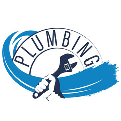 Plumbing repair and service symbol wrench in plumber hand