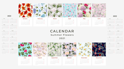 2021, 2022, 2022 calendar template. Realistic  botanical Calendar design. Set of 12 months.