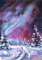 Snow-covered landscape of the night sky and the Galaxy.Panorama for travel  postcards, wallpapers, backgrounds.