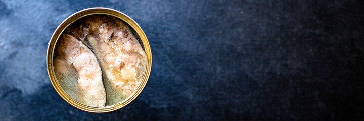 catfish canned fish seafood ready to eat on the table healthy meal snack top view copy space for text food background diet pescetarian
