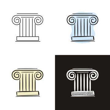 Greek column icons set isolated on white background. Hand-drawn contour icon in doodle style, flat and chalk on a black board. Vector object for history, culture, architecture, antiquity, knowledge an