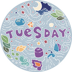 Naklejka premium Round colored sticker in doodle style with the names of the days of the week for notebooks, posters, notebooks and books. Tuesday