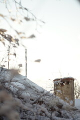 Rural chimney and antennas on a snow covered roof and tree branches