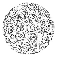 Round sticker in doodle style with names of days of week for notebooks, posters, notebooks and books. Friday