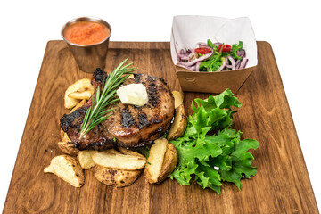 delicious steak and fried potato isolated on white