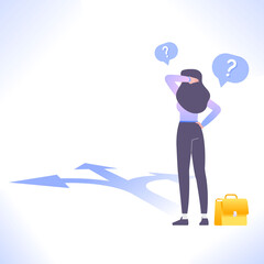 Making decision concept. Confused woman standing on crossroads and making difficult choice, decide direction vector illustration