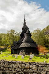 Fototapeta na wymiar Borgund Stave Church, Built 1200 Sogn Og, Norway, wooden black church