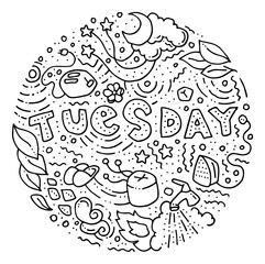 Round sticker in doodle style with names of days of week for notebooks, posters, notebooks and books. Tuesday