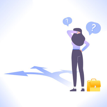 Making Decision Concept. Confused Woman Standing On Crossroads And Making Difficult Choice, Decide Direction Vector Illustration