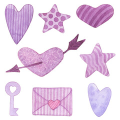 Watercolor set of watercolor hearts.