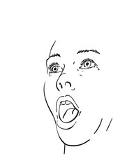 Woman emotion Vector sketch, Young female is looking up and feeling surprisingly scared with open mouth, Hand drawn portrait illustration black and white graphics