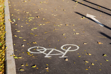 Fototapeta premium drawn symbol bicycle on an asphalt bicycle path with markings strewn with yellow leaves on a sunny autumn day, close-up of a road sign on the ground, nobody.