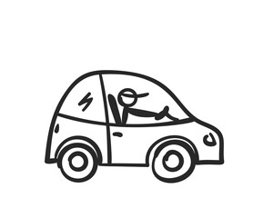 Cartoon car with stick figure driver Doodle style automobile, Hand drawn illustration isolated on white background, Vector sketch black and white graphics