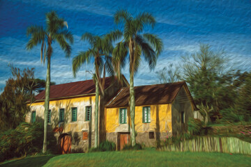 Fototapeta na wymiar Countrified house in a traditional Italian-influenced style in the middle of garden near Bento Goncalves. A friendly country town in southern Brazil famous for its wine production. Oil Paint filter.