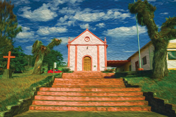 Fototapeta na wymiar Long stairway leading towards the facade of the Chapel St. Peter of the Stone Paths near Bento Goncalves. A friendly country town in southern Brazil famous for its wine production. Oil Paint filter.