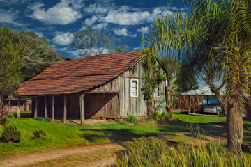 Old charming shack made of wood in a traditional rural style with lush vegetation, near Bento Goncalves. A friendly country town in southern Brazil famous for its wine production. Oil Paint filter.
