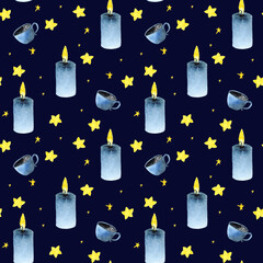 Watercolor seamless hand drawn aquarelle greeting pattern with deer and gingerbread cookies