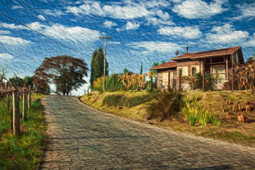 Charming countryside wood house with garden next to a stone paved road at sunset, near Bento Goncalves. A friendly country town in southern Brazil famous for its wine production. Oil Paint filter.