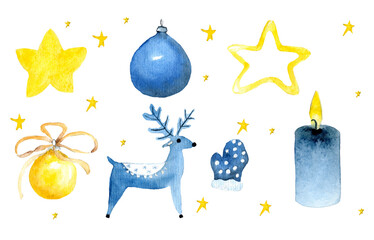 Watercolor hand drawn aquarelle greeting set with Christmas tree toys