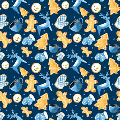 Watercolor seamless hand drawn aquarelle greeting pattern with deer and gingerbread cookies