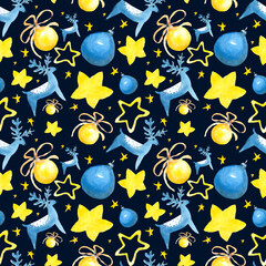 Watercolor seamless hand drawn aquarelle greeting pattern with deer and Christmas tree toys