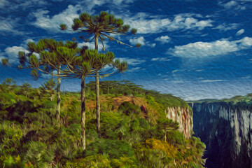 Fototapeta na wymiar Itaimbezinho Canyon with steep rocky cliffs covered by forest and pine trees near Cambara do Sul. A small country town in southern Brazil with amazing natural tourist attractions. Oil Paint filter.