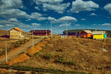 Fototapeta na wymiar Houses on top of hill with road and light posts on rural lowlands called Pampas near Cambara do Sul. A small country town in southern Brazil with amazing natural tourist attractions. Oil Paint filter.