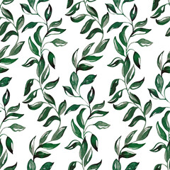 Seamless pattern with green branches. Watercolor handmade illustrations.