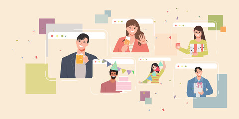 Online party people in celebrating concept and Isolation virtual meeting concept portrait horizontal vector illustration.