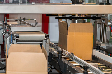 cardboard box of product packaging is moving on conveyor belt of automatic packing machine.