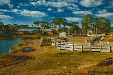 Charming ranch with wooden sheds and fences in rural lowlands called Pampas near Cambara do Sul. A small country town in southern Brazil with amazing natural tourist attractions. Oil Paint filter.
