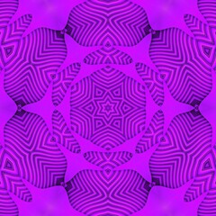 stylized mountain peak repeating intricate geometric patterns and floral fantasy hexagonal design in shades of pink and purple on a black background