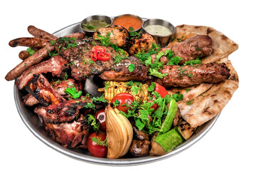 tray with various meat dishes and vegetables