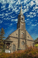 Fototapeta na wymiar Church facade made of stone with steeple and bell in a leafy garden with sunny day at Gramado. A cute european-influenced town in southern Brazil highly sought after by tourists. Oil Paint filter.
